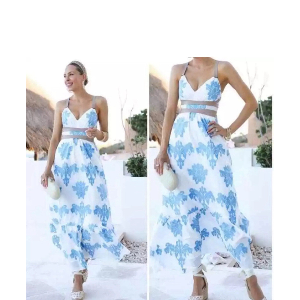 A Loves A Coastal Wrap Corset Dress Womens Size L Blue White Embroidered Floral